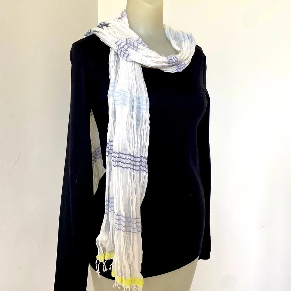 American Eagle Lightweight Blue/Yellow/White Striped Scarf with Tassels